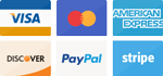 Logotipos de seis opciones de pago dispuestas en una cuadrícula: visa, mastercard, american express en la fila superior; descubra, paypal y raya en la fila inferior, cada logotipo sobre un fondo de color.