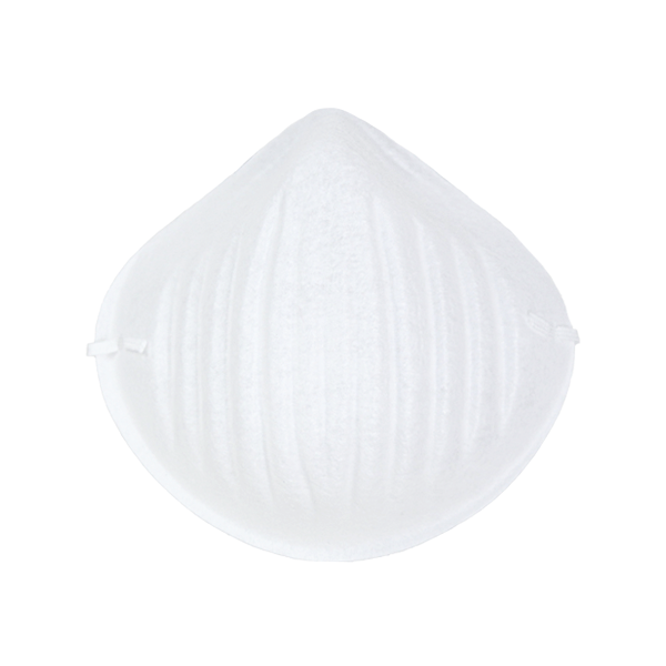 Mascarilla respiratoria n95 blanca con diseño plegable vertical y bandas elásticas, aislada sobre fondo blanco.