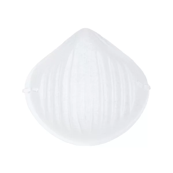 Mascarilla respiratoria n95 blanca con diseño plegable vertical y bandas elásticas, aislada sobre fondo blanco.