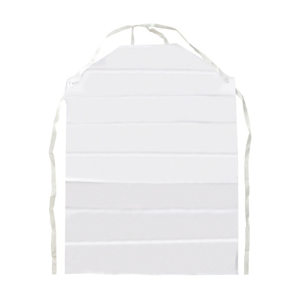 Delantal blanco con tira al cuello y cierre de lazo, con pliegues horizontales en la parte delantera. el delantal se muestra sobre un fondo blanco liso, enfatizando su diseño limpio y sencillo.