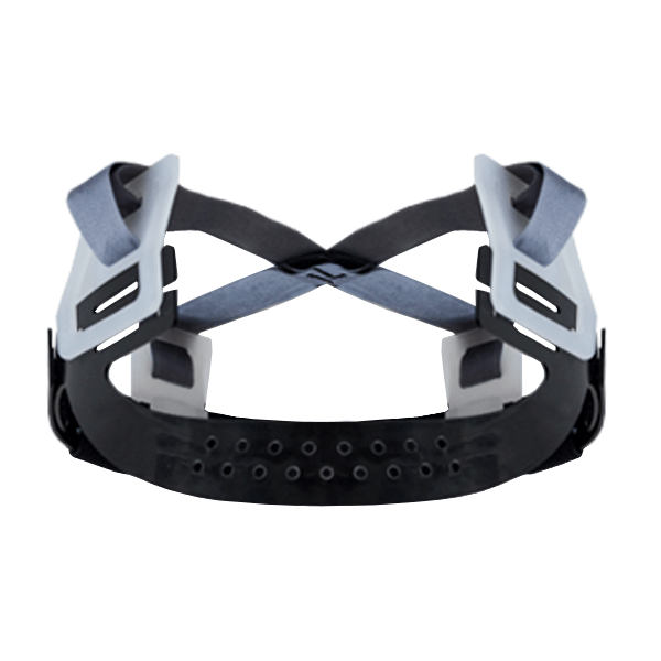Una vista frontal de un moderno casco de realidad virtual (vr), que presenta un elegante diseño en negro y gris con correas ajustables para la cabeza y acolchado para mayor comodidad. la atención se centra en la interfaz frontal texturizada sin lentes visibles.