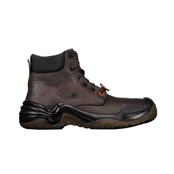 Una bota de trabajo de color marrón oscuro con suela negra y detalles en naranja en los cordones y las costuras. la bota presenta un estilo de caña media y un logo redondo en el lateral.