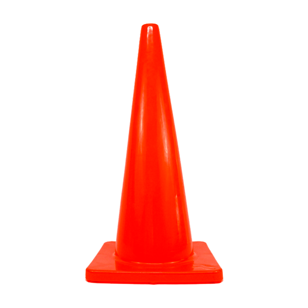 Un único cono de tráfico de color naranja brillante se alza sobre un fondo blanco liso. El cono tiene una textura suave y una base cuadrada resistente, que normalmente se utiliza para la seguridad y gestión vial.