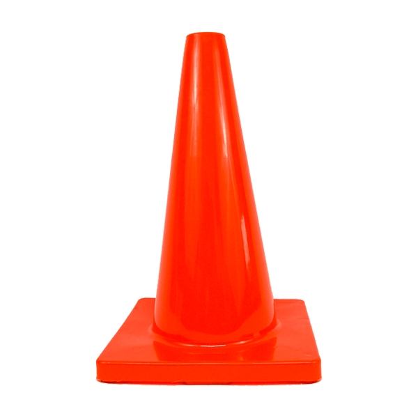Un cono de tráfico de color naranja brillante con una base cuadrada, aislado sobre un fondo blanco liso. el cono parece brillante, lo que sugiere que está hecho de plástico.