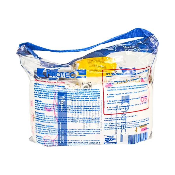 Una bolsa de plástico transparente sellada con cremalleras azules que contiene una variedad de máscaras médicas multicolores. la etiqueta, que incluye instrucciones textuales e gráficas, está predominantemente en español y resalta las características protectoras de la máscara.
