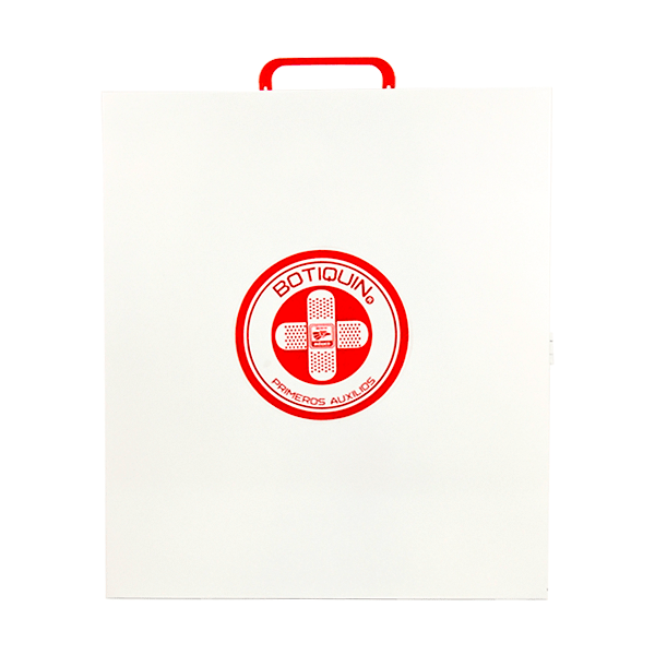 Un botiquín de primeros auxilios blanco con mango rojo. el kit muestra un logo circular rojo con la palabra "botiquín" y dos vendas cruzadas, rodeadas por el texto "primeros auxilios".