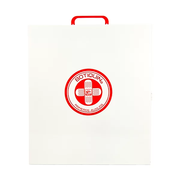 Un botiquín de primeros auxilios blanco con mango rojo. el kit muestra un logo circular rojo con la palabra "botiquín" y dos vendas cruzadas, rodeadas por el texto "primeros auxilios".