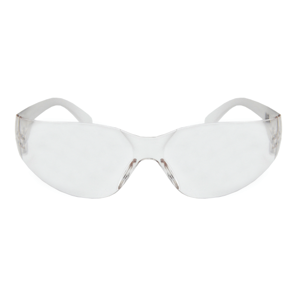 Gafas de seguridad transparentes con un diseño sin marco y patillas translúcidas, que muestran lentes protectoras que se extienden por toda el área de los ojos, aisladas sobre un fondo blanco.