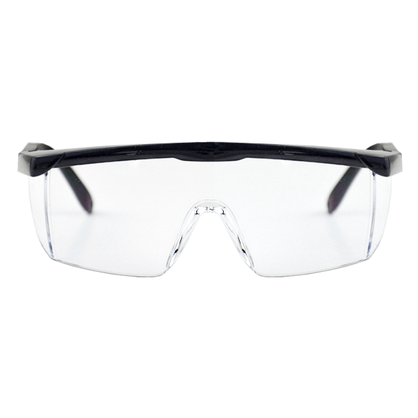 Gafas de seguridad transparentes con montura negra sobre fondo blanco. Las gafas tienen lentes transparentes y están diseñadas para brindar protección ocular, presentando un estilo envolvente.