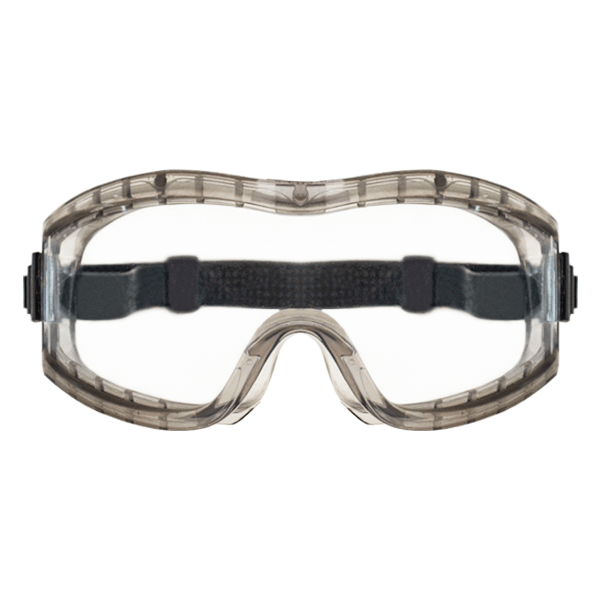 Gafas de seguridad transparentes con una correa negra ajustable y monturas transparentes, diseñadas para brindar protección ocular, mostradas sobre un fondo blanco.