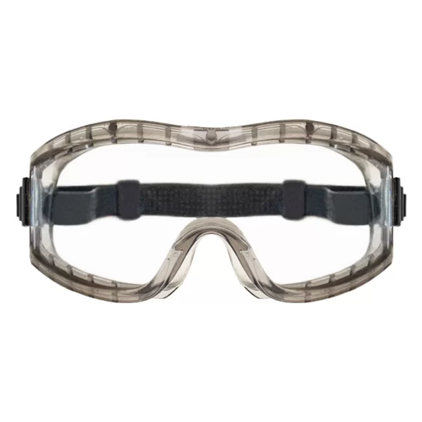 Gafas de seguridad transparentes con una correa negra ajustable y monturas transparentes, diseñadas para brindar protección ocular, mostradas sobre un fondo blanco.