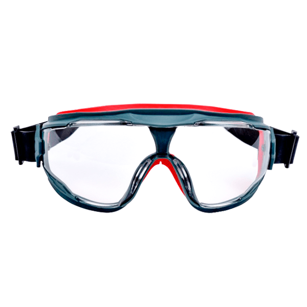 Vista frontal de un par de gafas protectoras con lentes transparentes, montura negra y detalles en rojo. Las gafas tienen correas negras ajustables y protectores laterales para mayor protección.