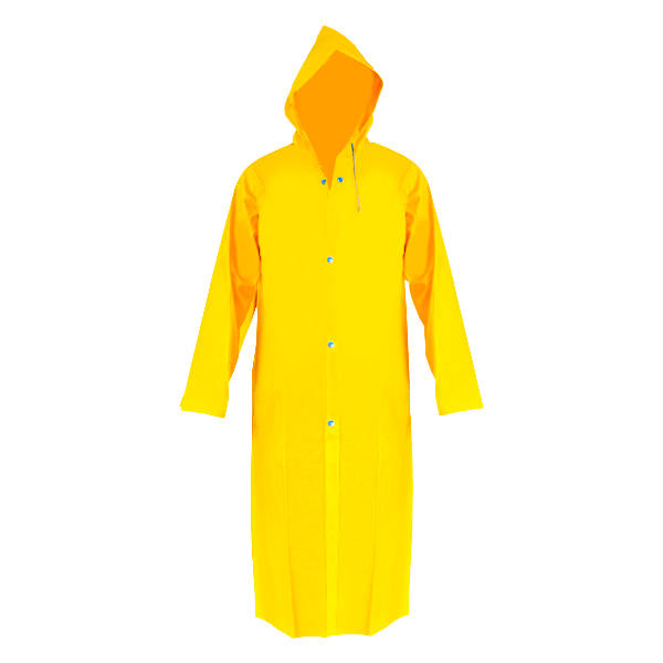 Un impermeable largo de color amarillo vibrante con capucha, con botones azules en la parte delantera, sobre un fondo blanco. el abrigo está diseñado para cubrir desde el cuello hasta debajo de la rodilla.