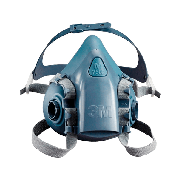 Una mascarilla respiratoria de media cara marca 3m, modelo 7502, cuenta con dos filtros laterales, una válvula de exhalación central y correas grises ajustables, sobre un fondo blanco.