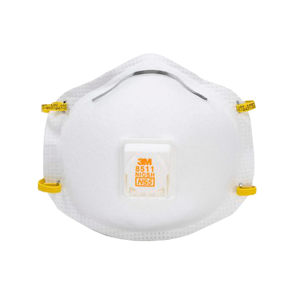 Mascarilla respiratoria blanca de 3m n95 con válvula central cuadrada y correas elásticas amarillas, aisladas sobre fondo blanco. la máscara presenta un logotipo en relieve y un número de modelo.