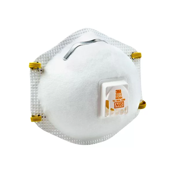 Mascarilla respiratoria n95 con superficie blanca, válvula de exhalación central y bandas elásticas amarillas. La máscara incluye una etiqueta que indica la marca 3m, el número de modelo 8511 y la certificación n95 en su costado.