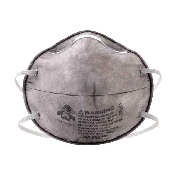 Vista frontal de una mascarilla respiratoria n95 gris con dos correas elásticas, con un texto impreso visible que advierte sobre la protección respiratoria y las especificaciones de la mascarilla.