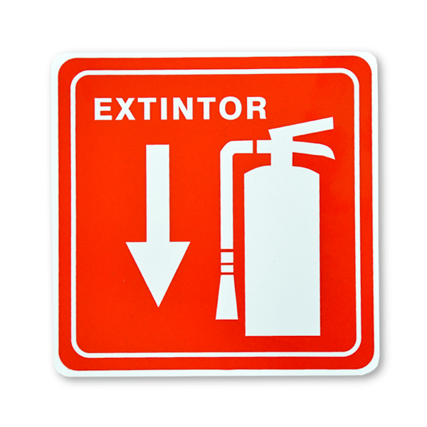 Un letrero cuadrado rojo y blanco que indica la ubicación de un extintor de incendios, etiquetado como "extintor" con una flecha hacia abajo que apunta a la silueta de un extintor en el lado derecho.