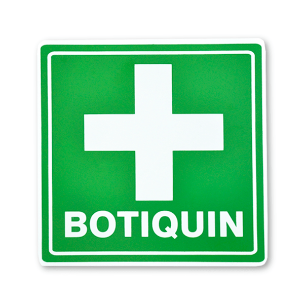 Señal de seguridad cuadrada verde y blanca con una cruz blanca en negrita en el centro y la palabra "botiquin" en la parte inferior, que indica la ubicación del botiquín de primeros auxilios.