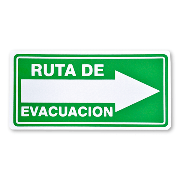 Una señal de evacuación verde rectangular con texto blanco y una flecha blanca que apunta hacia la derecha. se lee "ruta de evacuación" que significa "ruta de evacuación" en español.