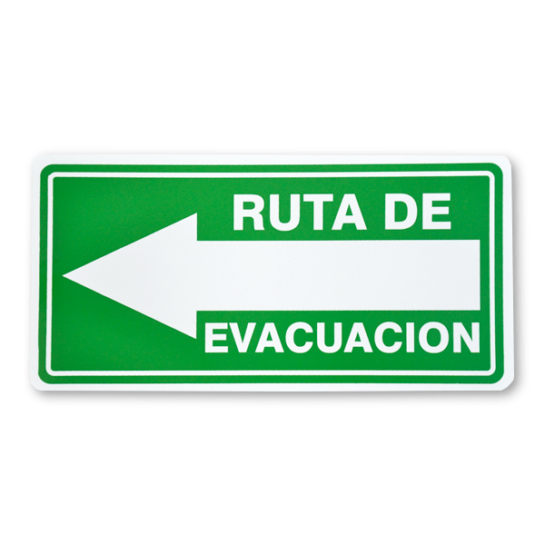 Un letrero de evacuación verde y blanco que dice "ruta de evacuación" con una flecha blanca prominente apuntando hacia la izquierda, sobre un fondo liso. los bordes del cartel tienen un borde blanco estrecho.