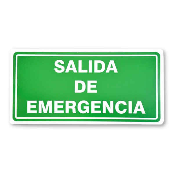 Un letrero de salida de emergencia rectangular de color verde con borde blanco y texto que dice "salida de emergencia" en letras blancas mayúsculas y en negrita, lo que indica una salida de emergencia en español.