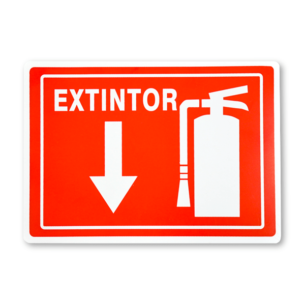 Un letrero rojo rectangular con borde blanco que muestra "extintor" en letras blancas en negrita en la parte superior. Presenta una flecha blanca hacia abajo y un símbolo de extintor de incendios a la derecha, que indica la ubicación de un extintor de incendios debajo del letrero.