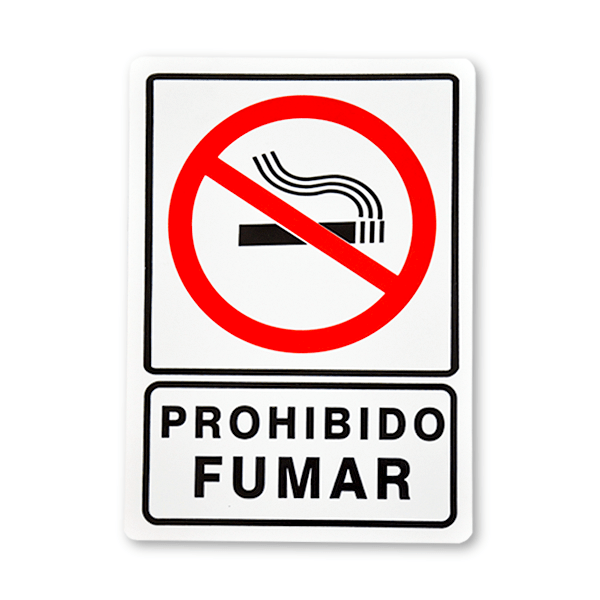 Un letrero de "no fumar" que presenta un círculo rojo y una barra sobre un ícono de cigarrillo negro, con las palabras "prohibido fumar" en letras negras debajo, todo sobre un fondo blanco.