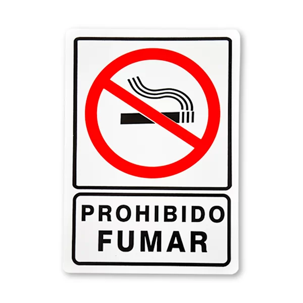 Un letrero de "no fumar" que presenta un círculo rojo y una barra sobre un ícono de cigarrillo negro, con las palabras "prohibido fumar" en letras negras debajo, todo sobre un fondo blanco.