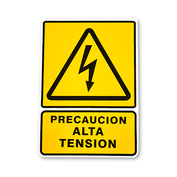Una señal de advertencia de alto voltaje amarilla y negra con un símbolo triangular que muestra un rayo y un texto debajo que dice "precaución alta tensión" en español, indicando precaución por alta tensión.