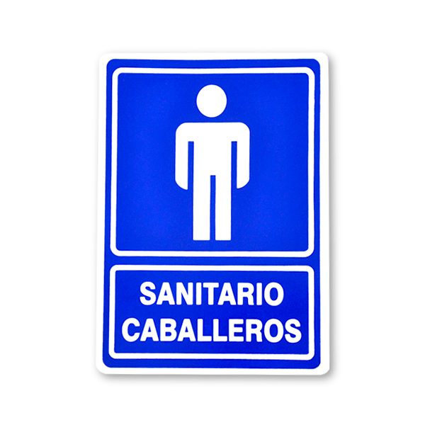 Un letrero de baño azul y blanco para hombres, con la leyenda "sanitario caballeros". el letrero presenta un pictograma blanco de un hombre sobre un fondo azul, colocado encima del texto.