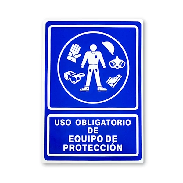Un cartel azul y blanco que muestra un pictograma de una persona que lleva equipo de seguridad: casco, gafas, guantes y protección para los oídos. A continuación, el texto en español dice “uso obligatorio de equipo de protección”, que se traduce como "uso obligatorio de equipo de protección".