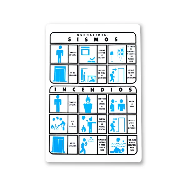 Una tarjeta de instrucciones de emergencia con íconos y texto en dos secciones denominadas "sismos" (terremotos) e "incendios" (incendios), que representan acciones como agacharse debajo de una mesa, usar un extintor de incendios y rutas de evacuación.