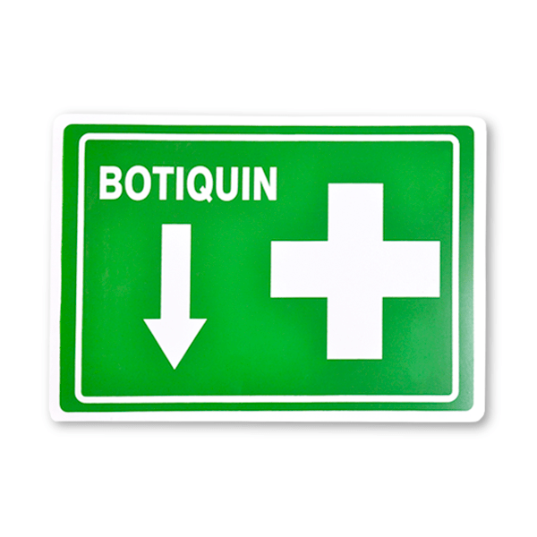 Un letrero con un fondo verde brillante y una cruz blanca prominente. la palabra "botiquin" está en la parte superior y una flecha blanca hacia abajo está debajo de la cruz, indicando la ubicación de un botiquín de primeros auxilios.