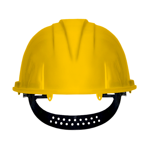 Casco de construcción amarillo con correa ajustable negra, aislado sobre fondo blanco. El casco presenta un diseño acanalado en la parte superior para mayor durabilidad y resistencia.