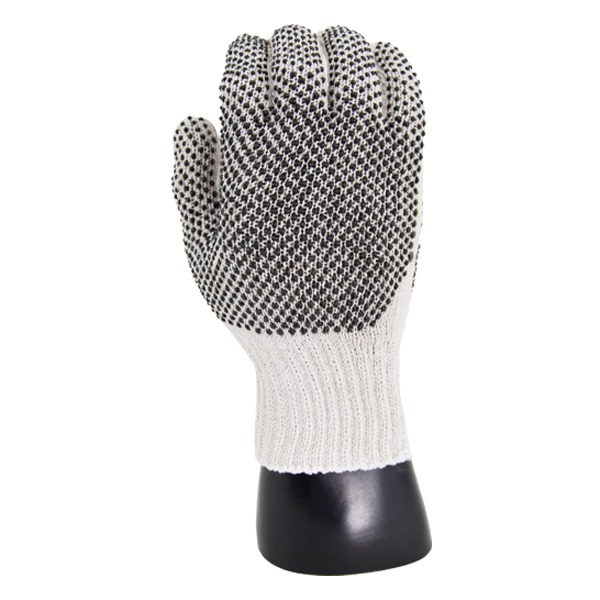 Un guante de trabajo blanco con una superficie de agarre punteada en una mano de maniquí negro. El guante presenta una textura tejida que se extiende desde la muñeca hasta los dedos, cubierta con puntos de agarre grises en la palma y los dedos para una mejor sujeción.