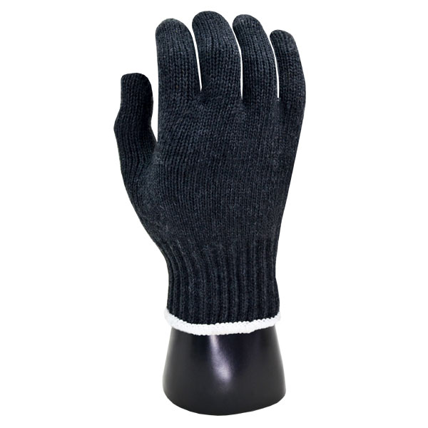 Un único guante tejido de color gris oscuro colocado en posición vertical sobre una mano de maniquí negra con un borde blanco en la base. el guante parece grueso y cálido, adecuado para climas fríos.