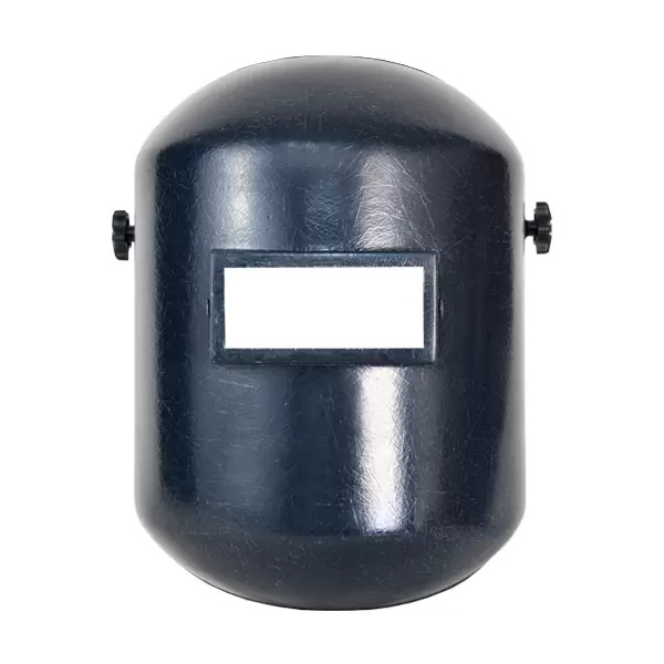 Vista frontal de un casco de soldadura de color gris oscuro con una ventana de visualización rectangular, aislado sobre un fondo blanco. El casco tiene un acabado liso y brillante y una forma redondeada con perillas laterales.