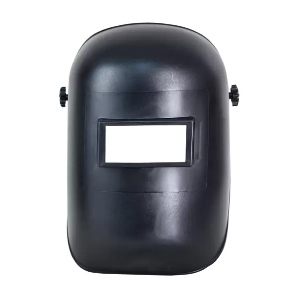 Un casco de soldadura negro con una ventana de visualización rectangular, con perillas laterales ajustables y un acabado suave y mate. El casco está diseñado para proteger la cara y los ojos mientras se suelda, mirando directamente hacia adelante.