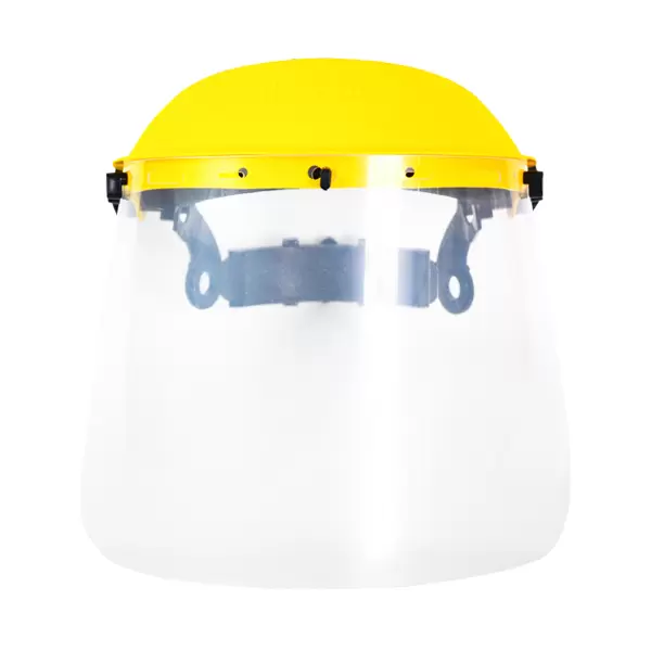 Pantalla facial de seguridad con diadema amarilla y visera transparente ajustable. la diadema está marcada con la palabra "dynamic" y la visera transparente está sujeta con bisagras negras. el fondo es blanco liso.