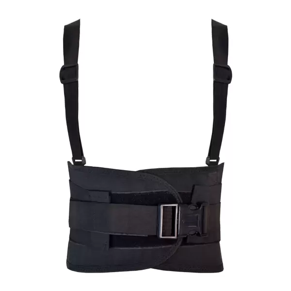 Un cinturón negro de soporte para la espalda con correas ajustables para los hombros y una hebilla frontal, diseñado para ayudar a la postura y brindar soporte lumbar. el material parece resistente y transpirable, adecuado para una asistencia ergonómica.