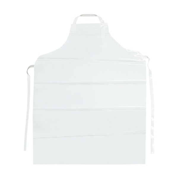Un delantal de chef blanco liso con múltiples pliegues horizontales visibles. El delantal tiene una correa ajustable para el cuello y lazos largos en la cintura, diseñados para un ajuste cómodo y seguro. el fondo es uniformemente blanco.