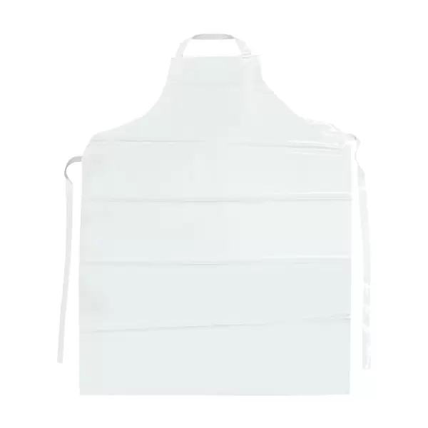 Un delantal de chef blanco liso con múltiples pliegues horizontales visibles. El delantal tiene una correa ajustable para el cuello y lazos largos en la cintura, diseñados para un ajuste cómodo y seguro. el fondo es uniformemente blanco.