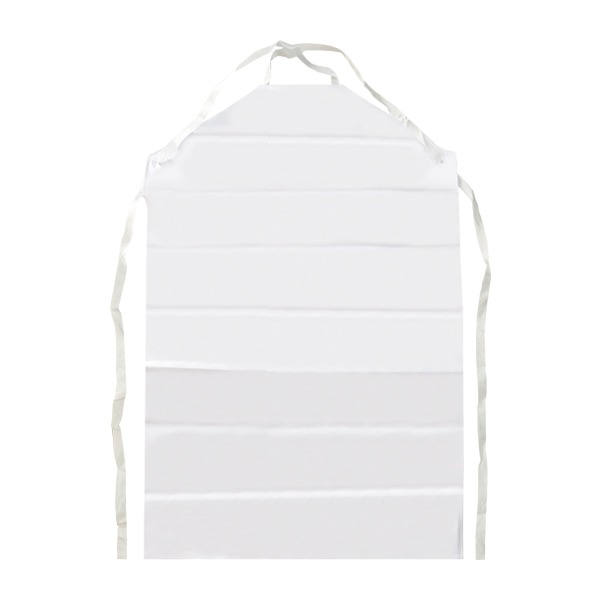 Un delantal blanco liso que cuelga sobre un fondo blanco, con líneas horizontales limpias y finas tiras blancas para atar alrededor del cuello y la cintura.