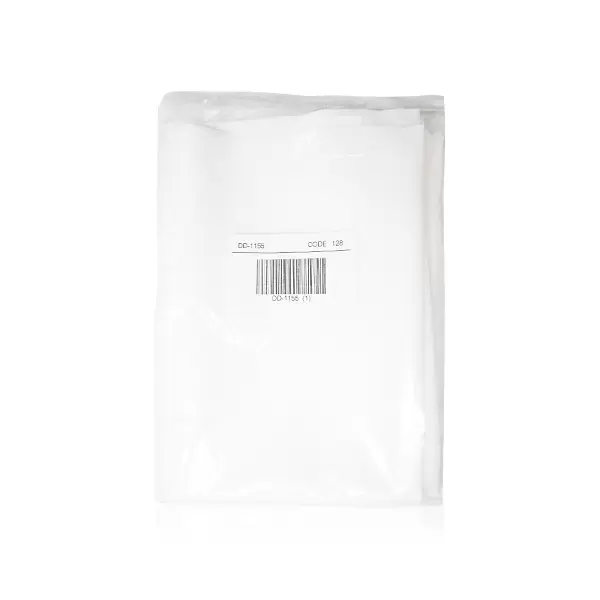 Una bolsa de embalaje de plástico sellada con un fondo blanco opaco y una etiqueta en el centro con un código de barras, el código "oc-1956" y "cde 120" impreso encima del código de barras.