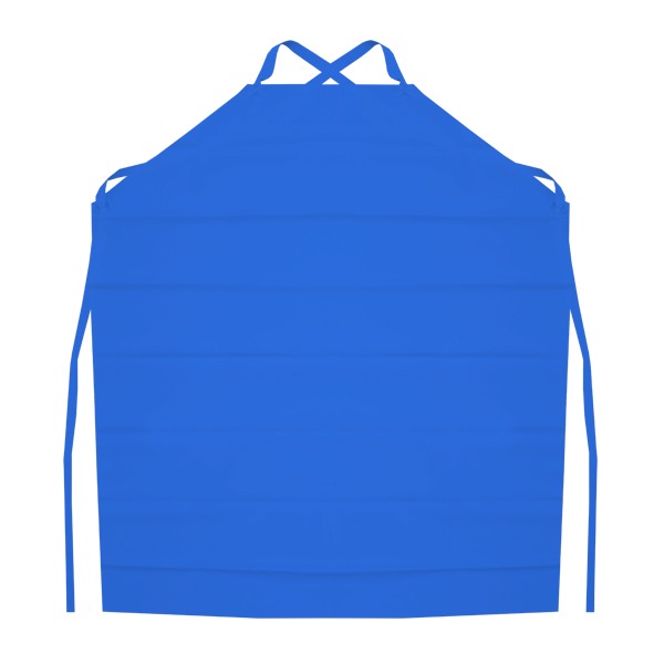 Un delantal liso de color azul real con cuello halter y lazos en la cintura, con costuras horizontales en todo el cuerpo. La imagen muestra el delantal sobre un fondo blanco, destacando su diseño sencillo y funcional.