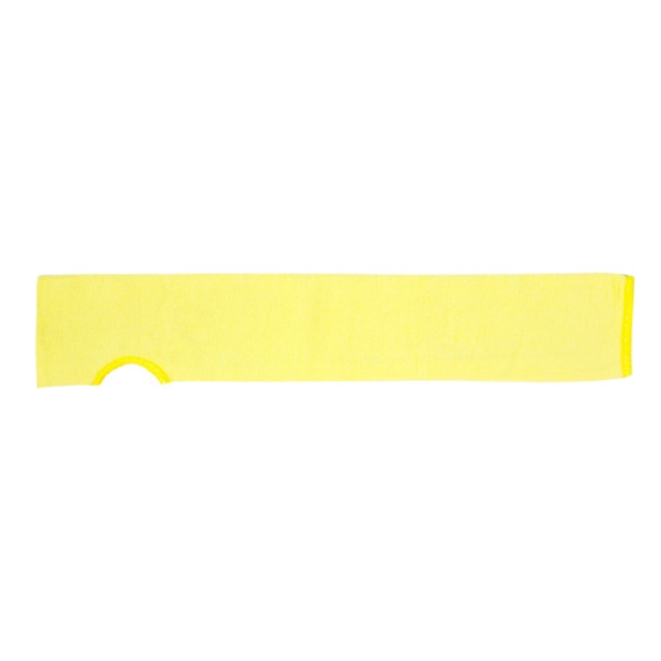 Banda de resistencia amarilla hecha de material elástico, con un pequeño corte circular cerca de un extremo. el fondo es liso y blanco, resaltando la simplicidad y función de la banda.
