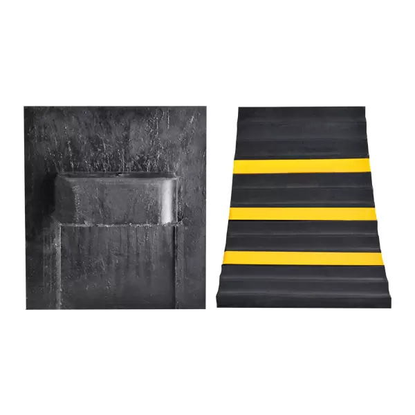 Dos estructuras de hormigón sobre fondo blanco: a la izquierda, un muro de hormigón oscuro con una repisa; a la derecha, unas escaleras de hormigón con franjas de seguridad amarillas.