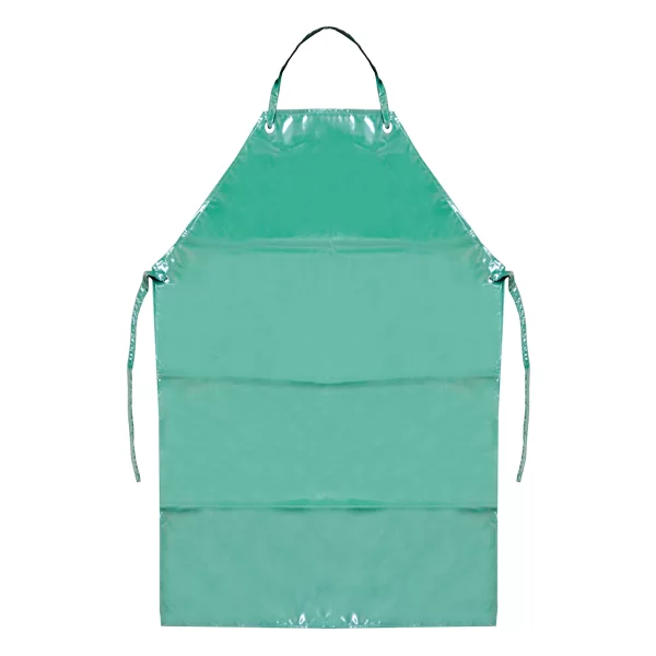 Un delantal de cocina verde azulado aislado sobre un fondo blanco. el delantal cuenta con una correa ajustable para el cuello, lazos en la cintura y tres bolsillos delanteros inferiores. la tela parece suave y brillante, lo que sugiere un material resistente al agua.