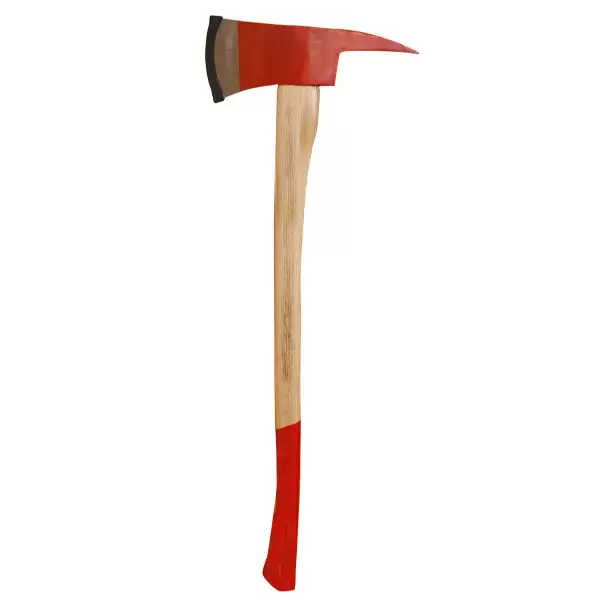 Un hacha con mango de madera lisa y cabeza de metal afilada pintada de rojo. la hoja es limpia y brillante, contrastando con la veta de la madera natural visible en el mango.